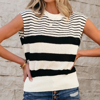 Black White Striped O Neck Sweater Vest