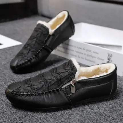 Winter Fur Loafers Men Casual Shoes Leather Dress Shoes Slip-on Sneaker Flats Plush Man Moccasins Fleece Lined Driving Shoes