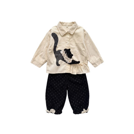 Girls' Outfit Cool Cat Print Shirt with Polka Dot Pants Two-Piece Set Fashion Fall Style