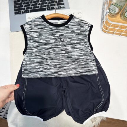 Casual Striped Sleeveless Vest Set for Boys, Lightweight Two-Piece
