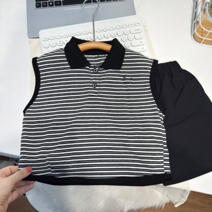 Boy's Outfit Set, Lightweight Loose Two-Piece Set, Trendy Stripe Polo Shirt and Vest for Kids