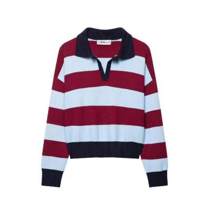 Versatile casual minimalist polo collar long sleeved striped knit sweater for women