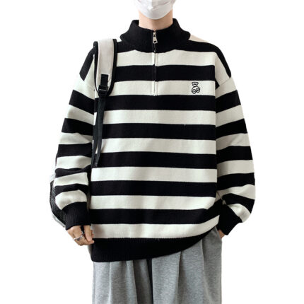 Men's Casual Striped Color Block Long Sleeve Loose Mock Neck Half Zip Sweater