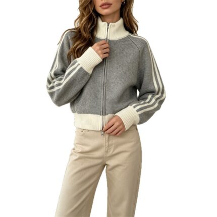 Color blocked stand up collar double zipper sweater for women